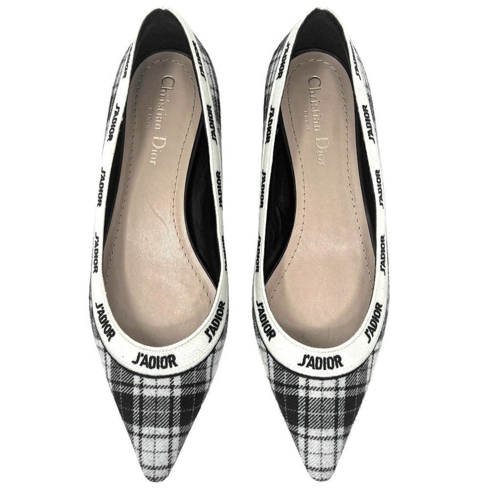 Christian Dior J'Adior Black White Plaid Wool Pointed Toe Flats EU 38